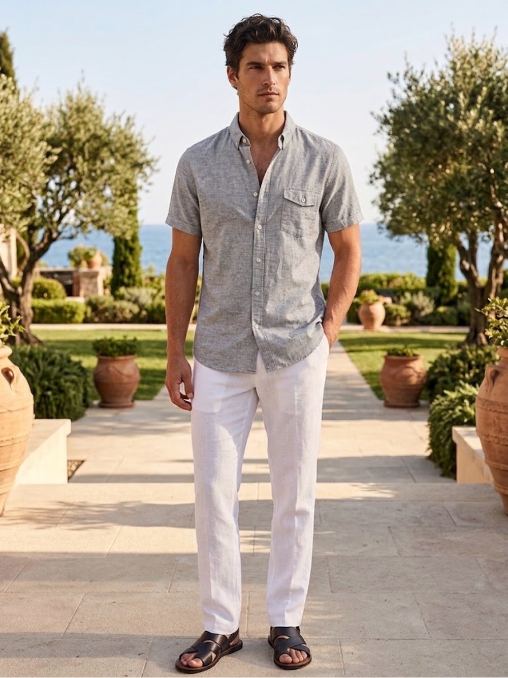 J Crew Men's Short-Sleeve Linen Blend Shirt - Light Gray (size XL Slim)
